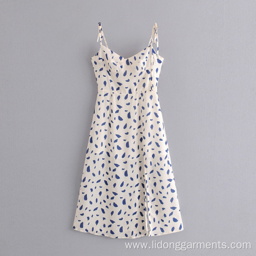 Long Printed Dot Split Sling Dress
